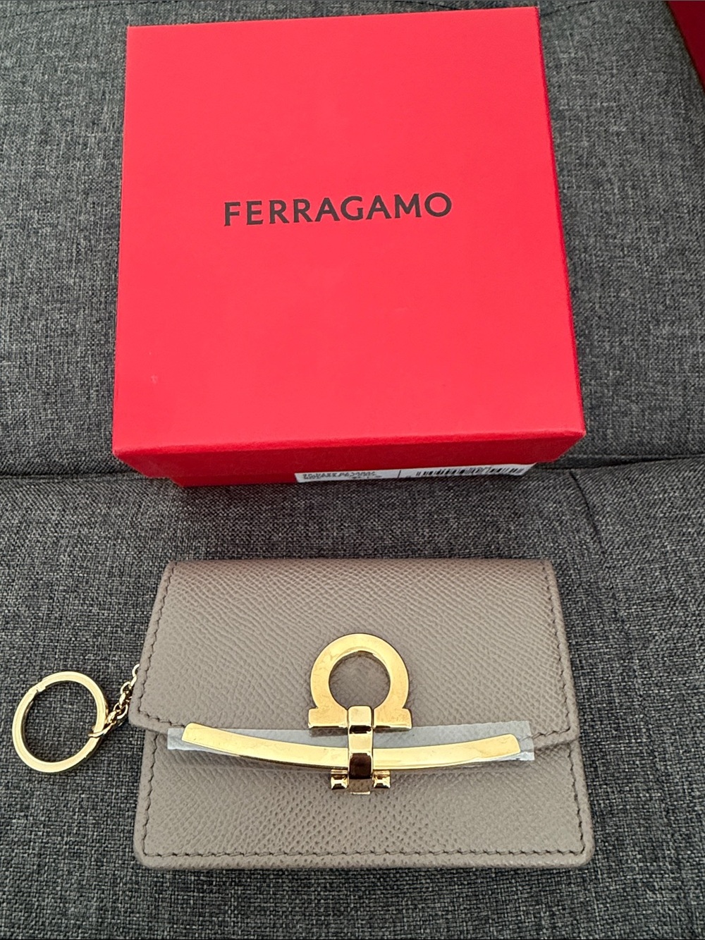 Salvatore Ferragamo Taupe Leather Key & Card Holder with Gold Gancini